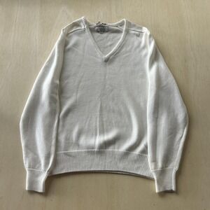 Vintage La Mode Sweater Mens Large White V Neck Tight Knit Pullover Made In USA